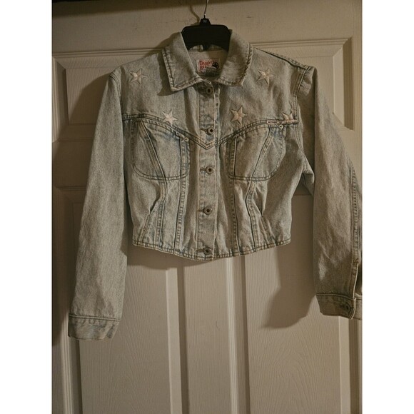 Vintage Jackets & Blazers - Vintage Dakota Blue Cropped Jean Jacket Size Medium Stars Embroidered Light Wash